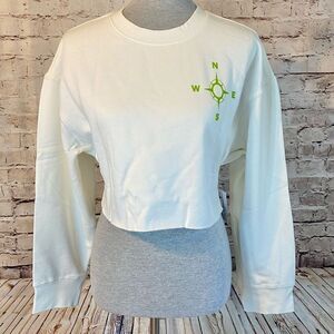 BP Women Ivory Green Topographic Topo Long Sleeve Crewneck Crop Sweatshirt Small